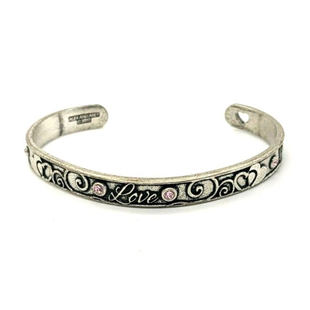 Alex And Ani Thin Cuff BRACELET Silver Tone Love Pink Crystals 2017
